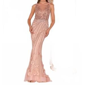 NEW TERANI COUTURE sleeveless long pageant gown in champ/blush